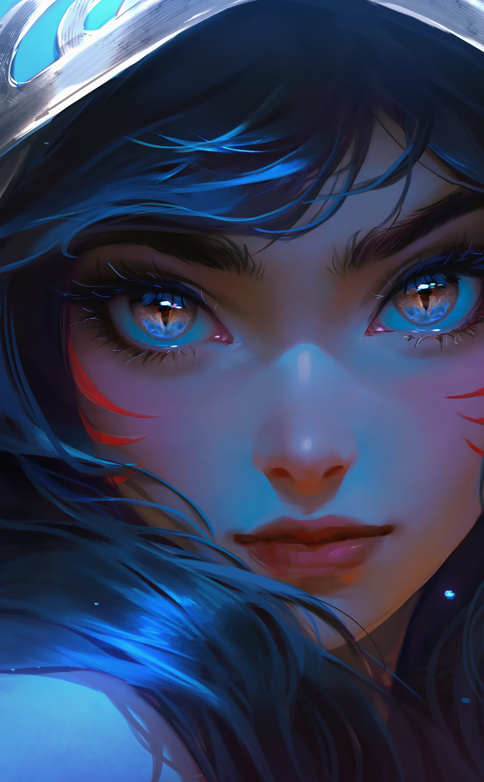 Glowing eyes of cute girl, in hood, 2023, 950x1534 wallpaper