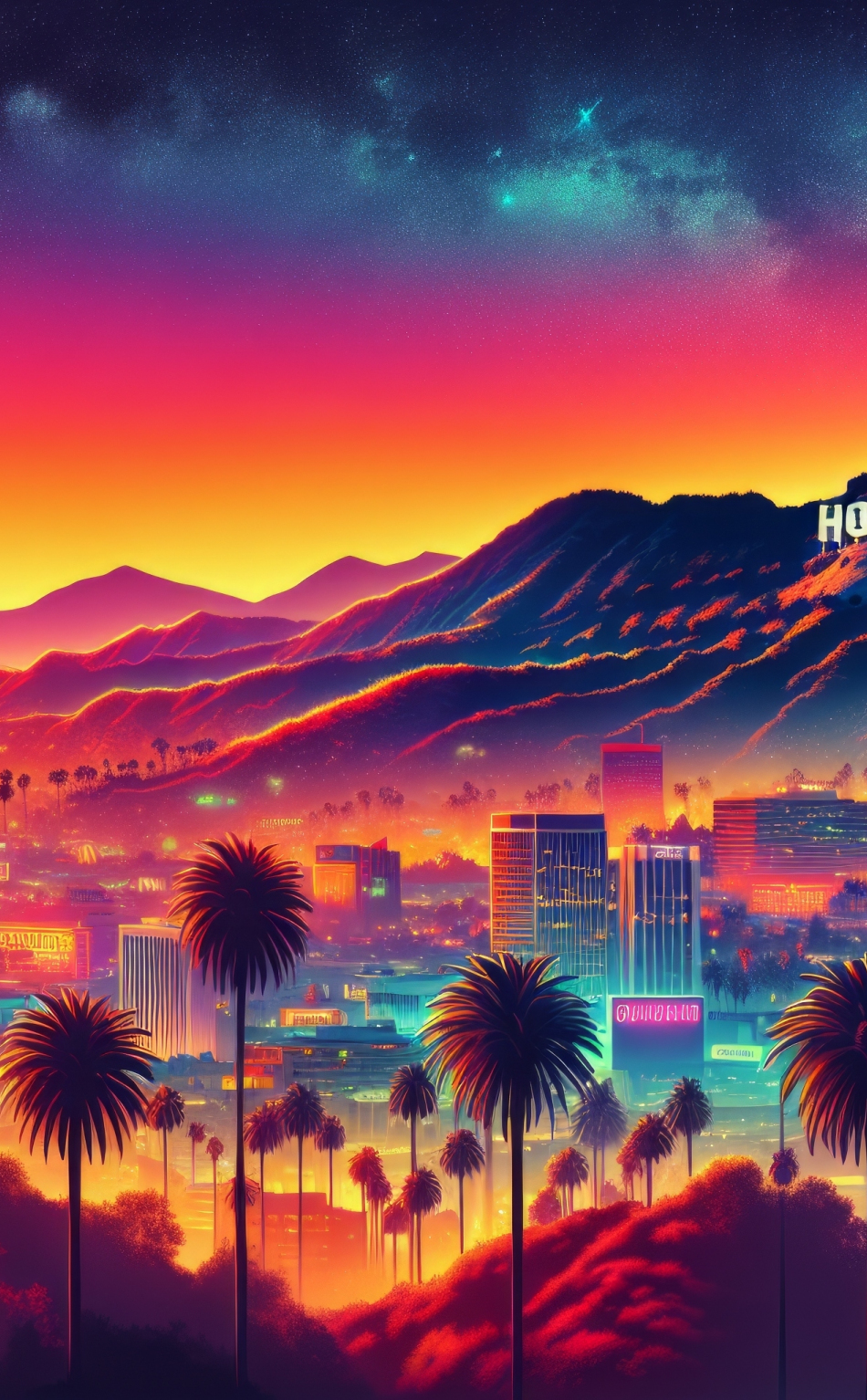 Download wallpaper 950x1534 hollywood's sunset vibes, city, artwork ...