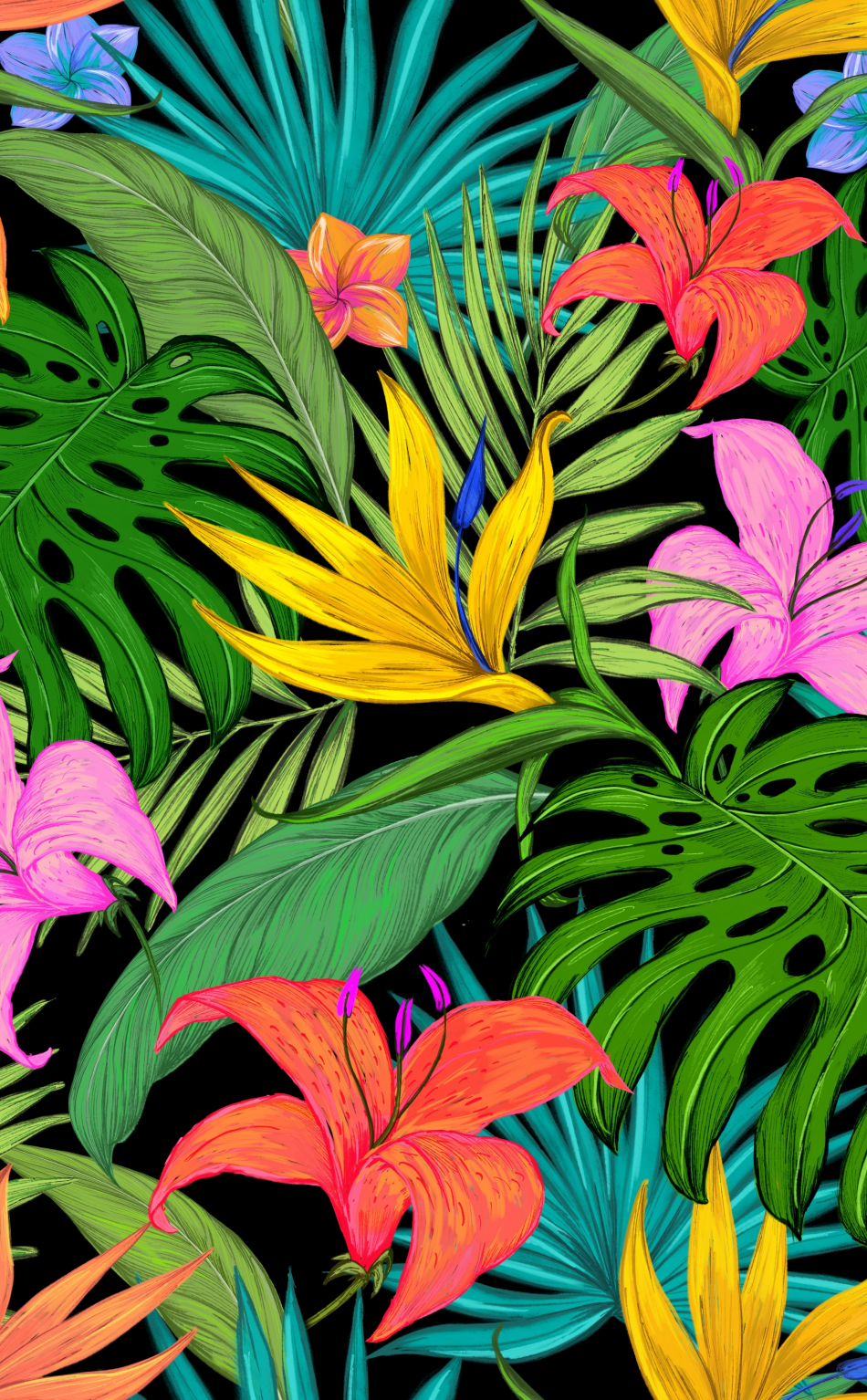 Pattern, tropical, flowers, leaves, 950x1534 wallpaper