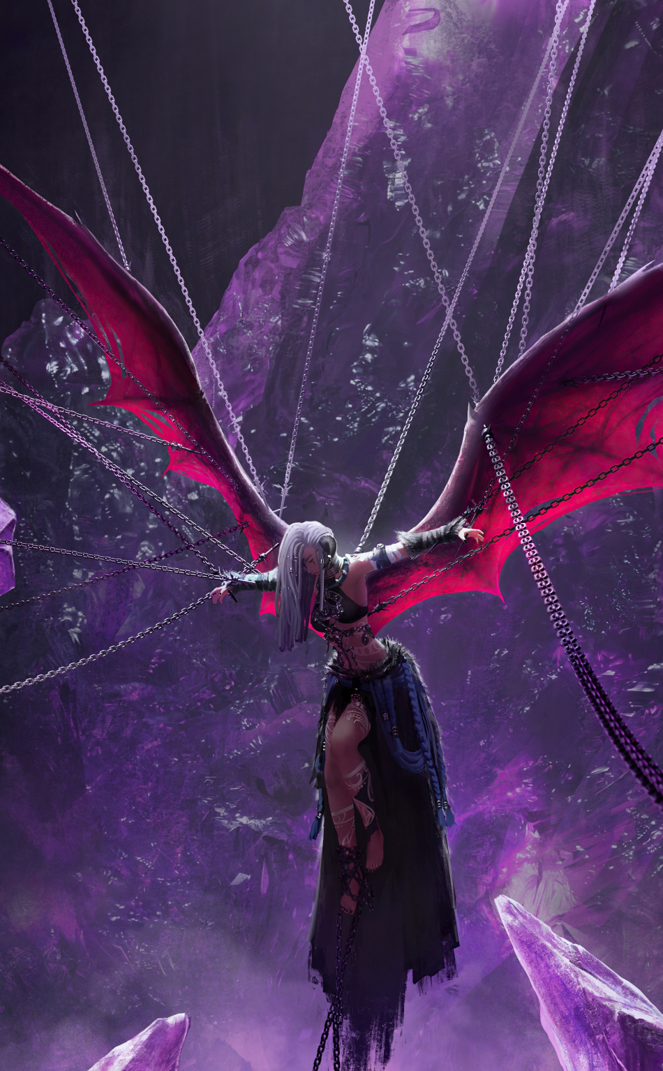 Download wallpaper 950x1534 girl with wings, chained, anime, fantasy,  iphone, 950x1534 hd background, 28081