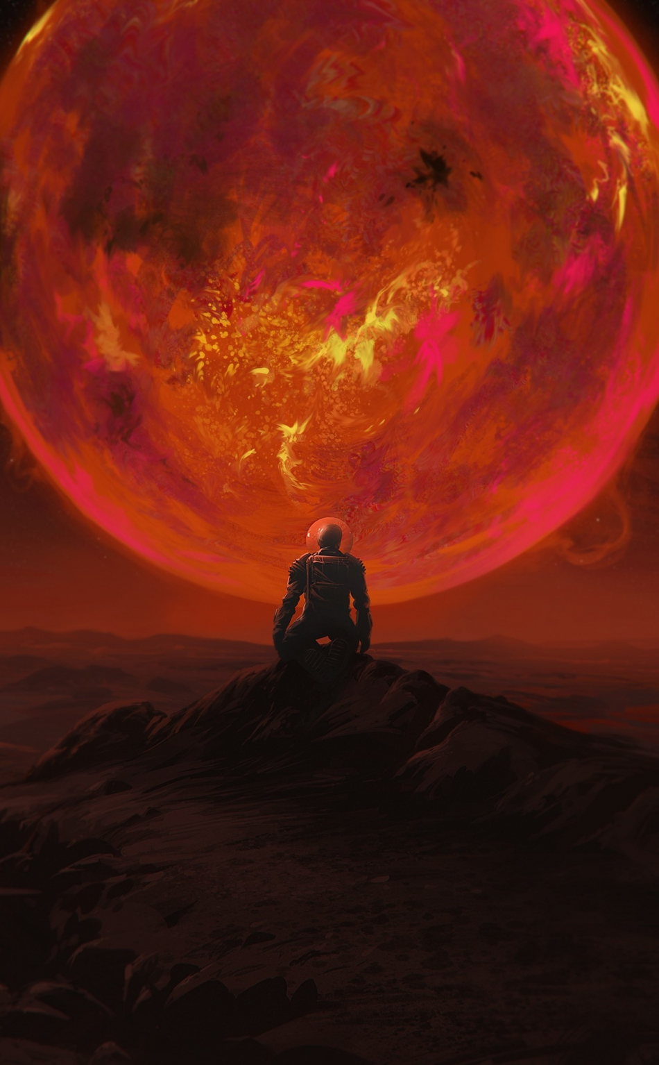 Download wallpaper 950x1534 red glowing planet, astronaut, iphone, 950x1534  hd background, 23974