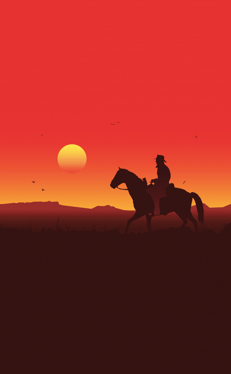 Download 950x1534 wallpaper silhouette, red dead redemption 2, sunset
