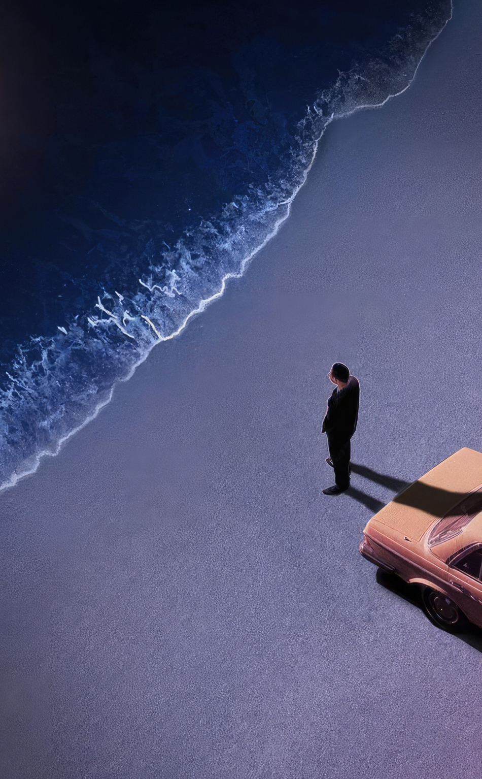 Lonely at night at the beach, car and man, art , 950x1534 wallpaper