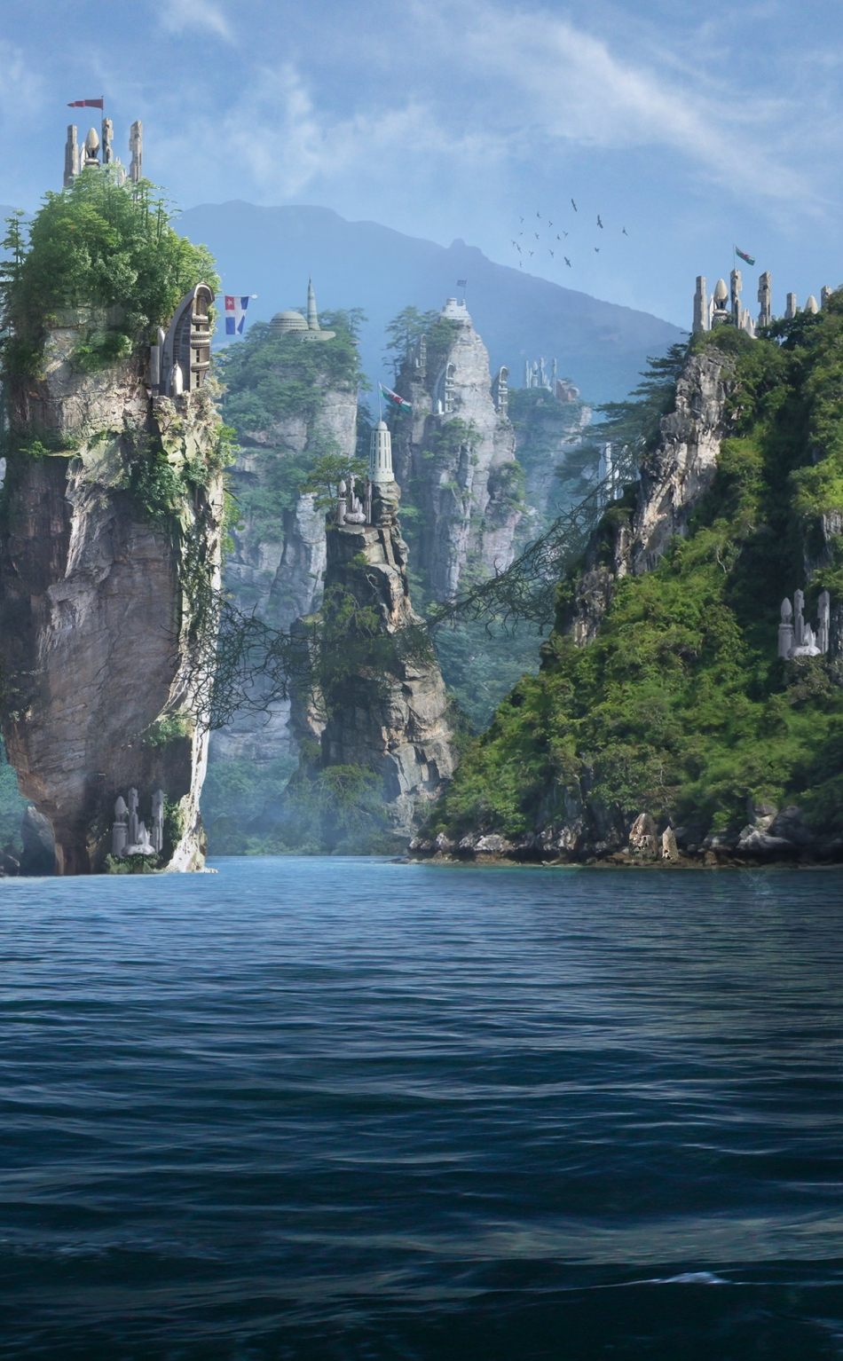 Forgotten islands, panorama, sea, cliffs, fantasy, 950x1534 wallpaper