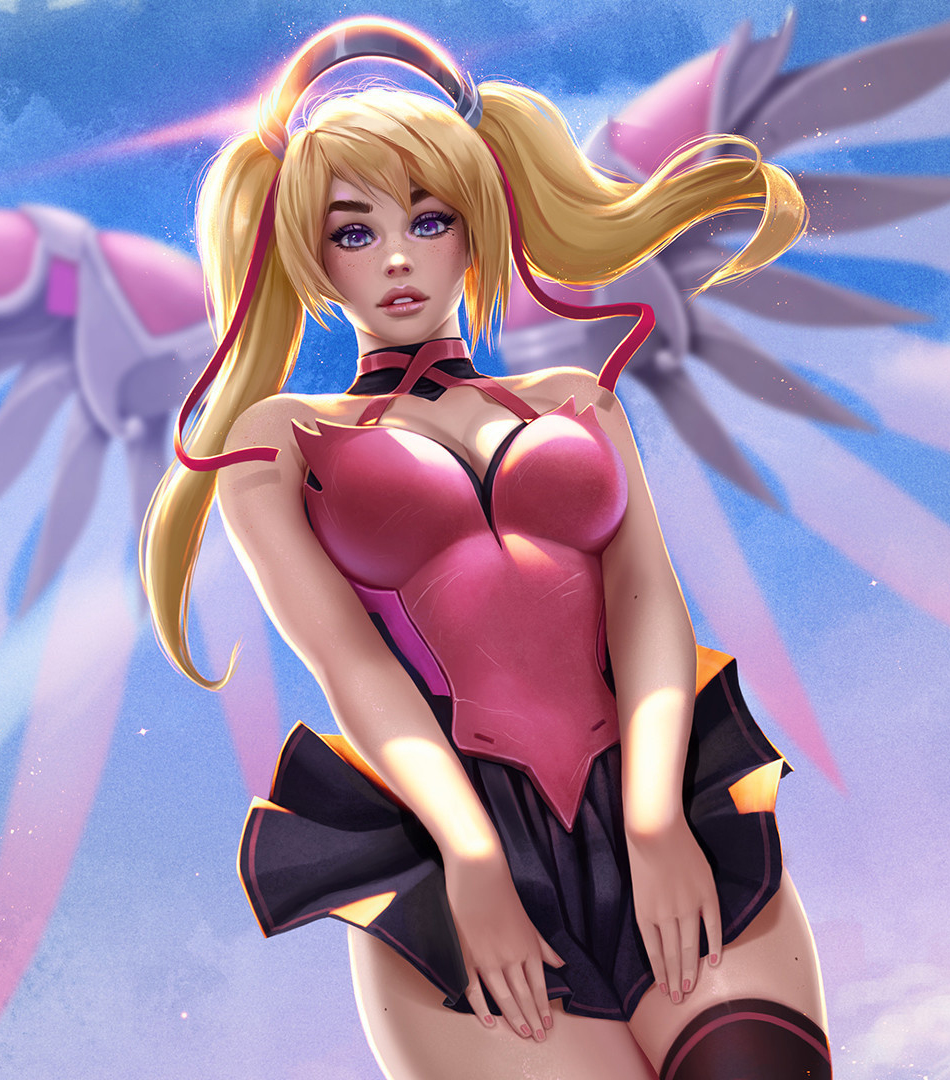 Download wallpaper 950x1534 hot, pink wings, mercy, overwatch, art, iphone,  950x1534 hd background, 8632