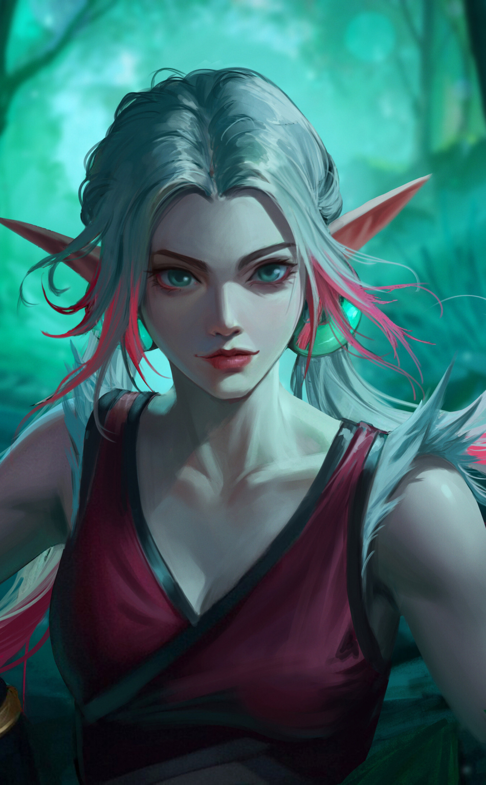 Beautiful elf girl, white-pink hair, fantasy, 950x1534 wallpaper