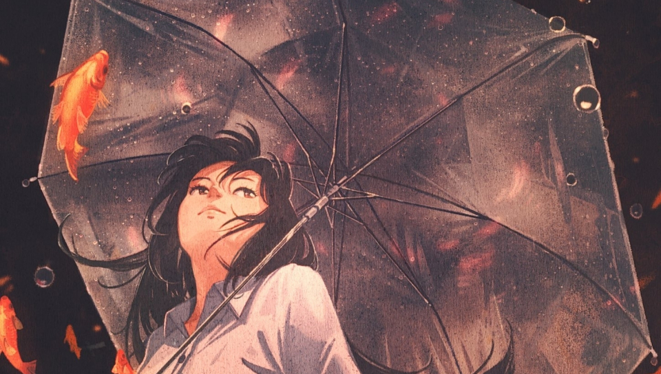 Original, anime girl, umbrella, fishes, 960x544 wallpaper