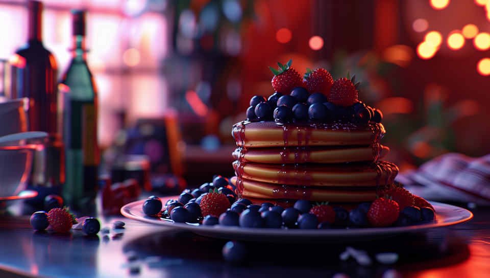 Download wallpaper 960x544 blueberry pancakes, sweet dishes, art