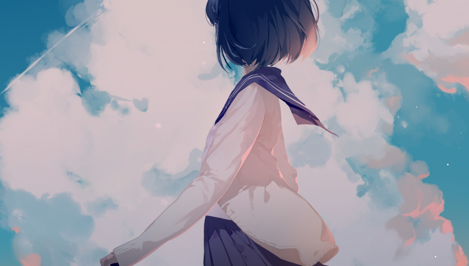 Download Wallpaper 960x544 Anime Girl, Original, Outdoor, Clouds 