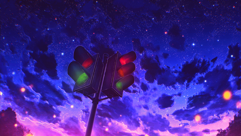 Download wallpaper 960x544 traffic light, evening, beautiful sky, anime ...