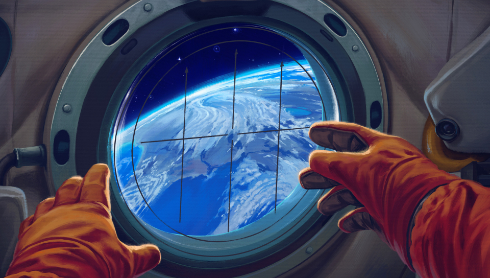 Spacecraft window, astronaut, 960x544 wallpaper