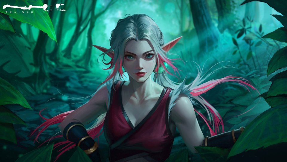 Beautiful elf girl, white-pink hair, fantasy, 960x544 wallpaper