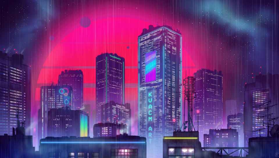 Red Moon, futuristic city, cityscape, 960x544 wallpaper