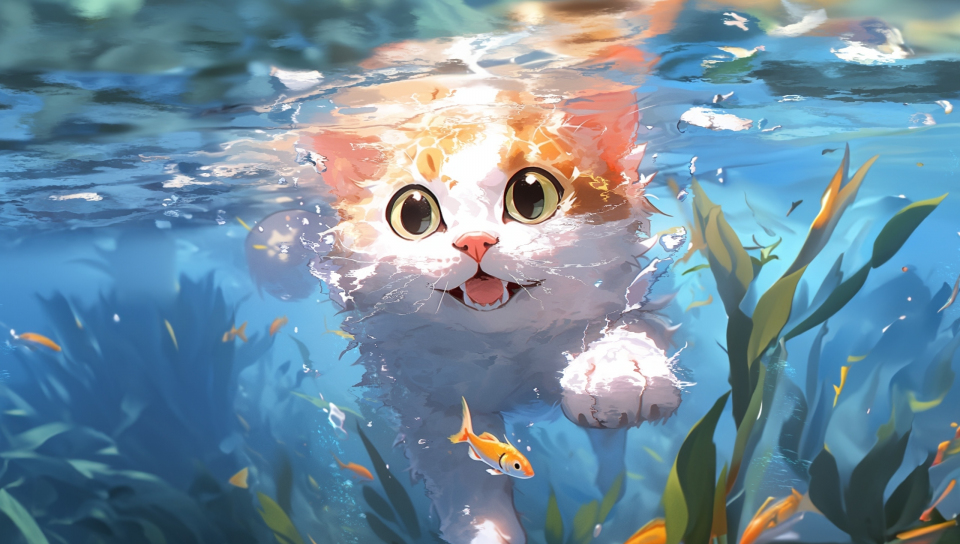 Cute kitten, swim underwater, art, 960x544 wallpaper