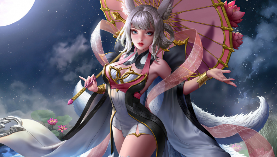 Anime elf girl with umbrella, moon light,  fantasy, 960x544 wallpaper