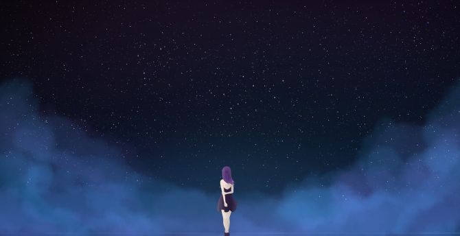 Starry sky, fantasy, anime girl, minimal, night wallpaper