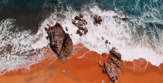 Aerial view, waves, tide, rocks, coast wallpaper