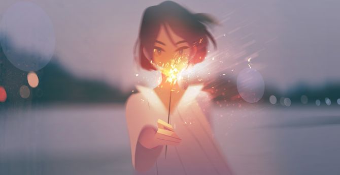 Anime girl with sparkler, original, anime wallpaper