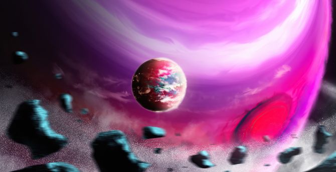 Violet World, space, asteroid, planet, fantasy wallpaper