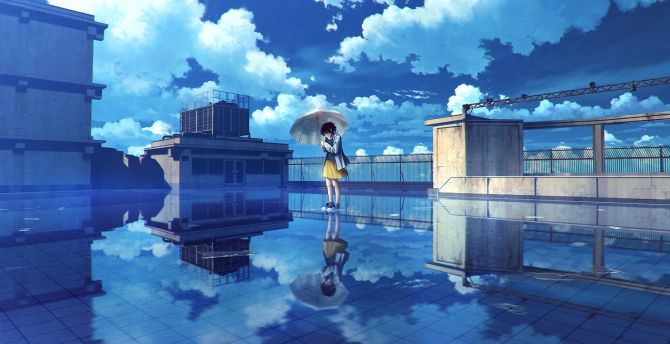 Water, reflections, anime girl, clouds, original wallpaper