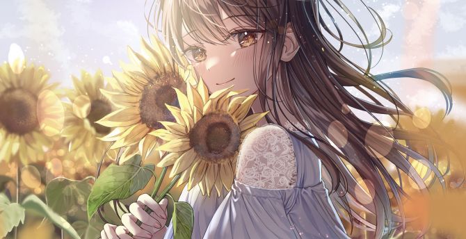Sunflower and cute girl, anime wallpaper