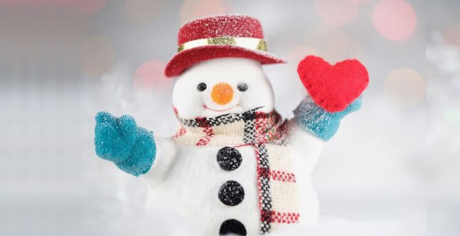 Snowman, cute, snowfall, Christmas wallpaper