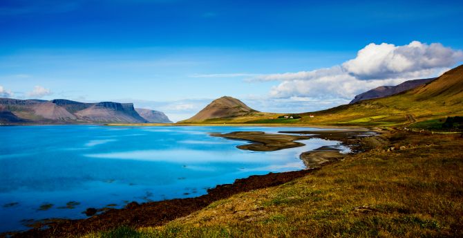 Beautiful lake and mountains, sunny day, landscape, Iceland lake wallpaper