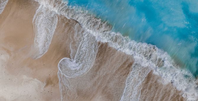 Aerial view, beach, white waves wallpaper