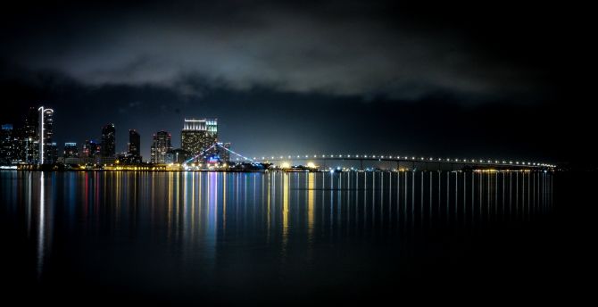 Night, waterfront, bridge, lights wallpaper