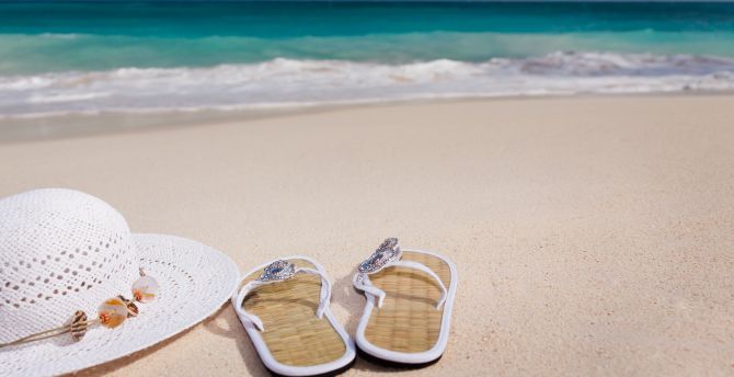 Holiday, summer, hat, beach, slippers wallpaper