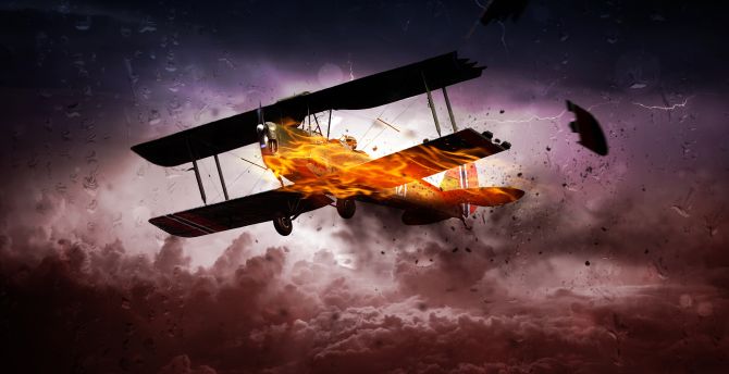 Storm, airplane on fire, digital art wallpaper