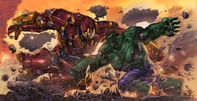 Iron man, hulkbuster vs hulk, fight, superheros, artwork wallpaper