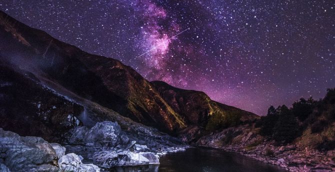 Starry sky, mountains, river, night wallpaper