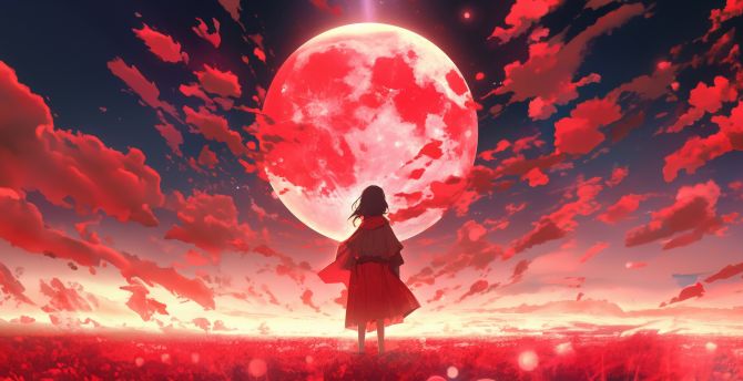 A world full of red, moon, anime wallpaper