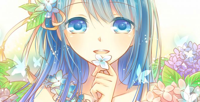Blue eyes, anime girl and flowers, original wallpaper