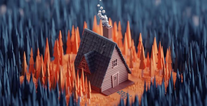 Digital art, pretty house in forest, 3D render wallpaper
