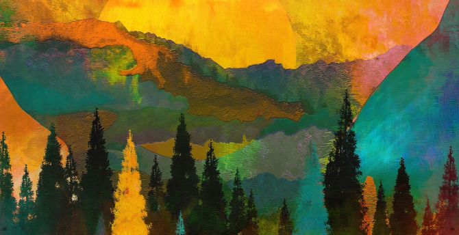 Sunset, forest, tree, illustration, art wallpaper
