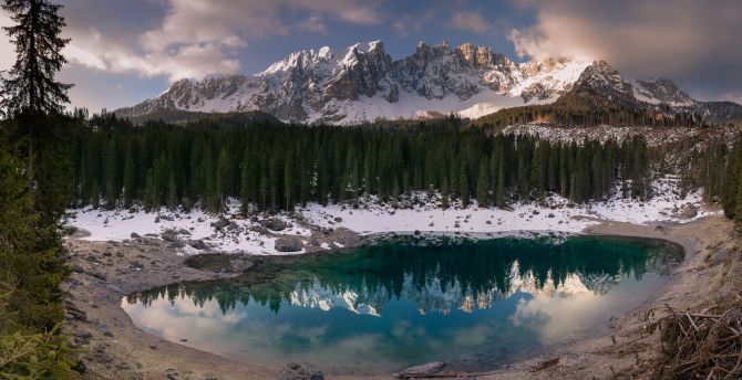 Forest, lake, mountains, nature, Italy wallpaper