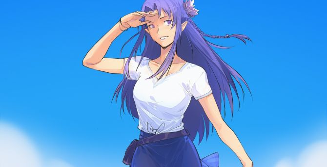 Original, anime girl at beach, violet hair wallpaper