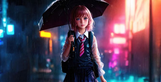 School girl with umbrella, rain, cute and beautiful wallpaper