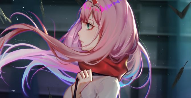 Zero two, anime girl, pink hair, digital art wallpaper