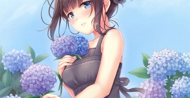 Flowers, blue, cute anime girl wallpaper