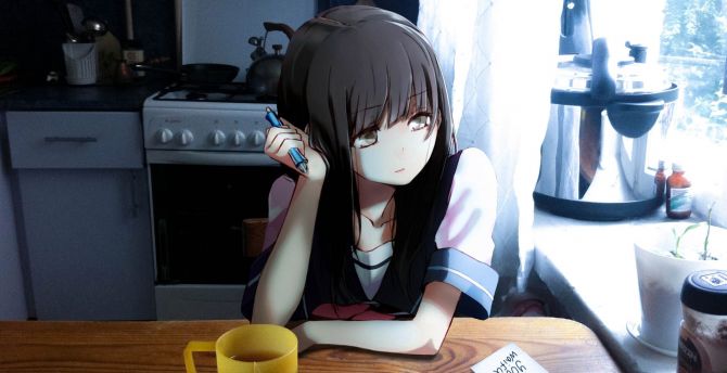 Kitchen, anime girl, thinking wallpaper
