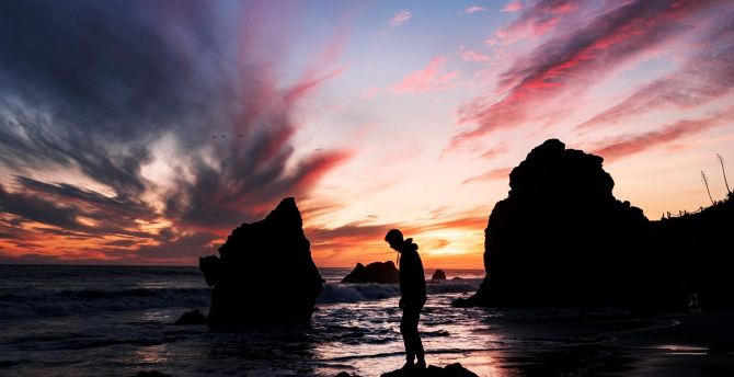 Man, outdoor, silhouette, coast, rocks, sunset wallpaper