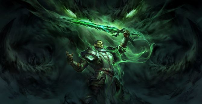 Diablo Immortal, online game, 2023 villain character, green clouds wallpaper