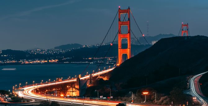 Night, bridge, Golden Gate Bridge, highway wallpaper