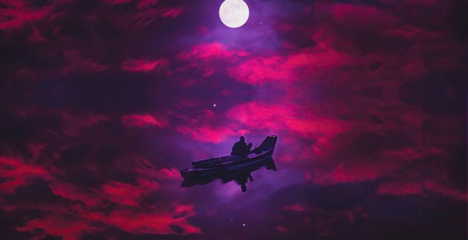 Dark evening, boating, bright moon, red sky, art wallpaper