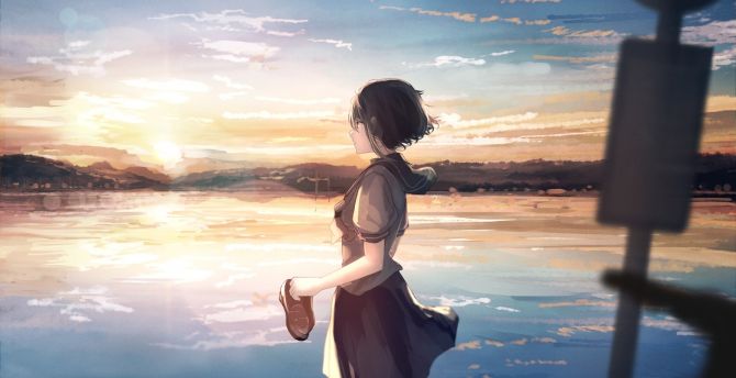 Lake, sunset, cute anime girl, school dress wallpaper