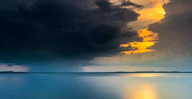 Clouds, sunset, calm sea, nature wallpaper