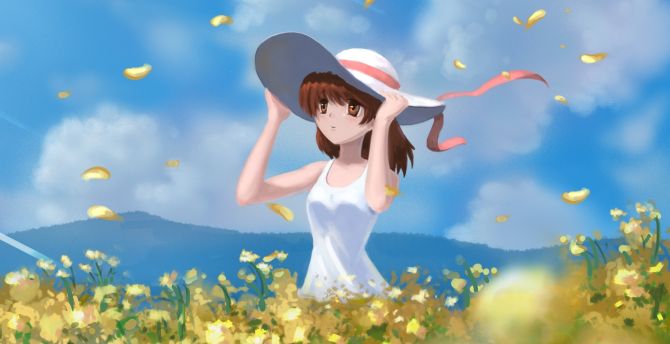 Cute, anime girl, outdoor, meadow, original wallpaper